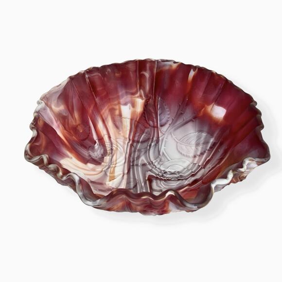 Imperial Glass Red Slag Bowl Crimped Edge Embossed Rose Swirled Colors 1960s Vtg - Picture 1 of 16